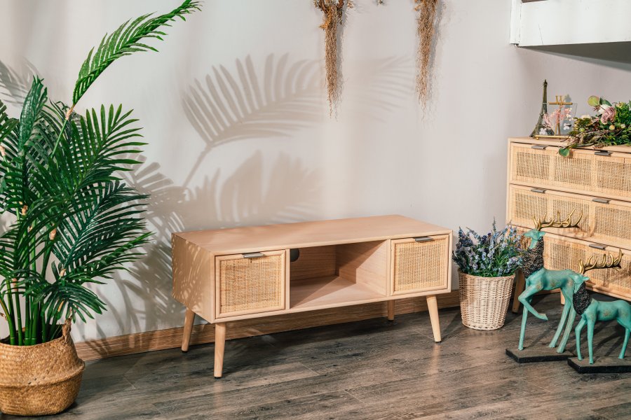 NORDLYS Akita TV-bord, m. 2 skuffer - brun rotting og tre (100x42)