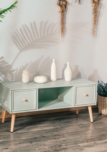 NORDLYS Akita TV-Tisch, mit 2 Schubladen – grünes Holz (100x42)