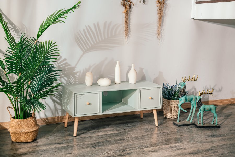 NORDLYS Akita TV-Tisch, mit 2 Schubladen – grünes Holz (100x42)