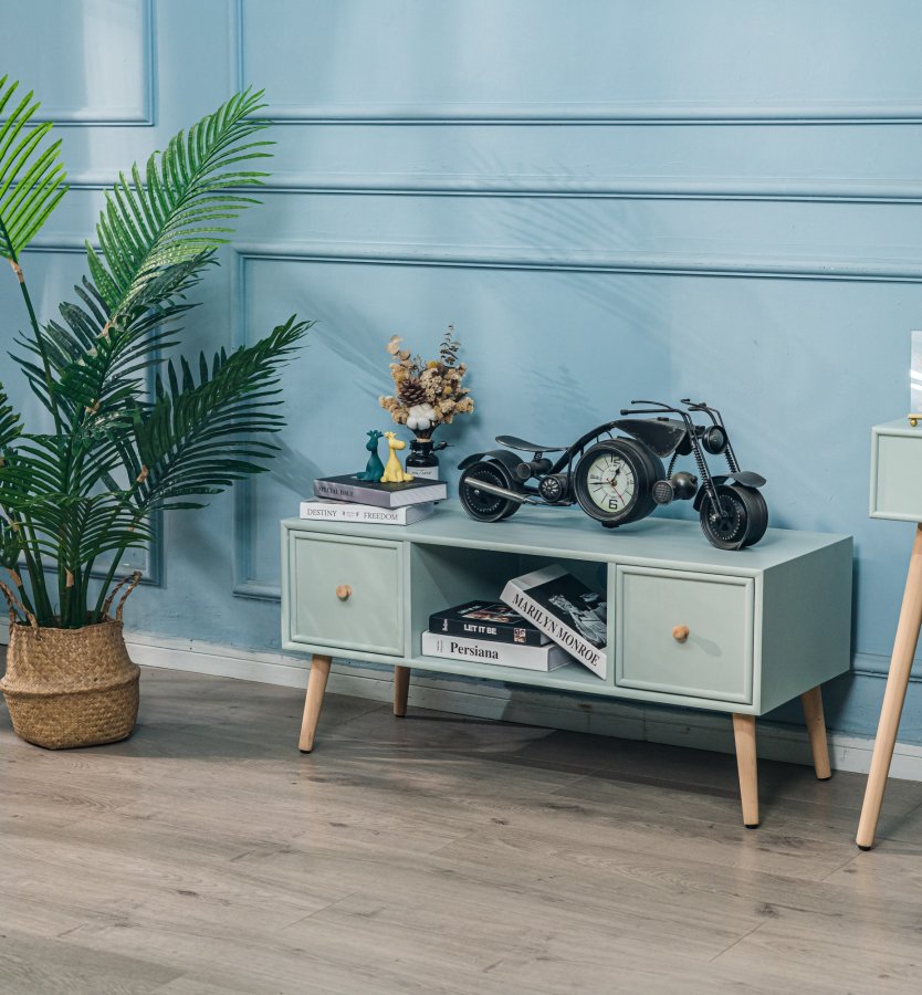 NORDLYS Akita TV-Tisch, mit 2 Schubladen – grünes Holz (100x42)