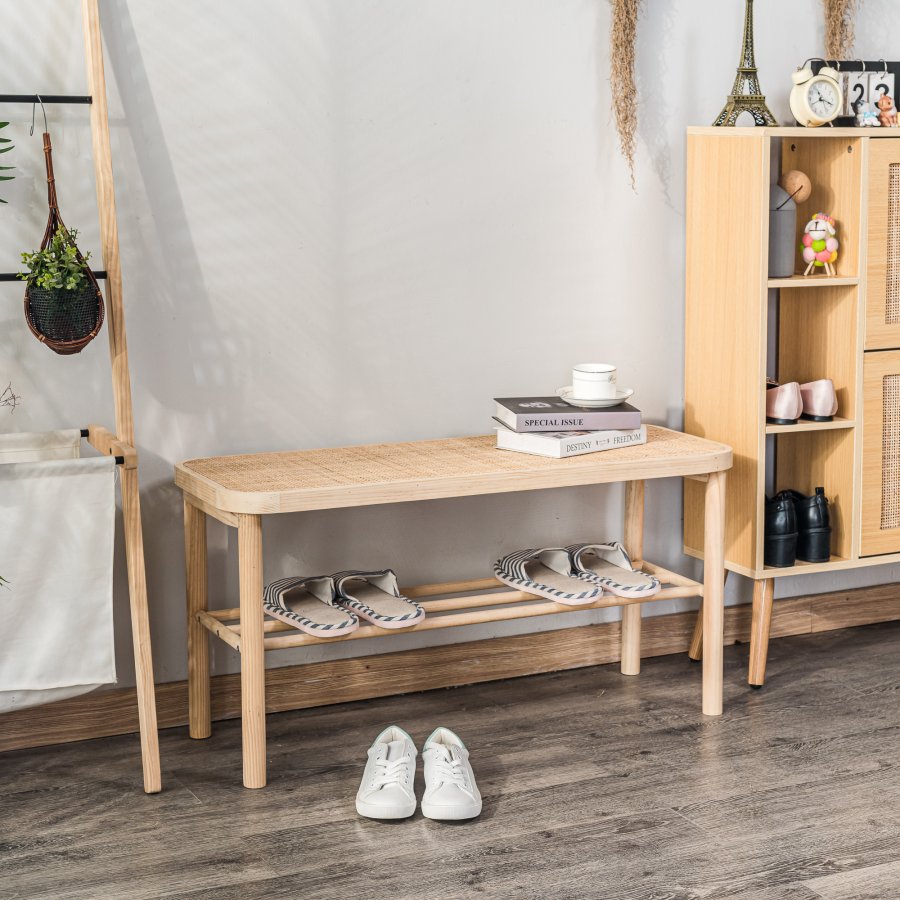 NORDLYS Asugi benk, m. hylle - naturrotting og tre (90x35)