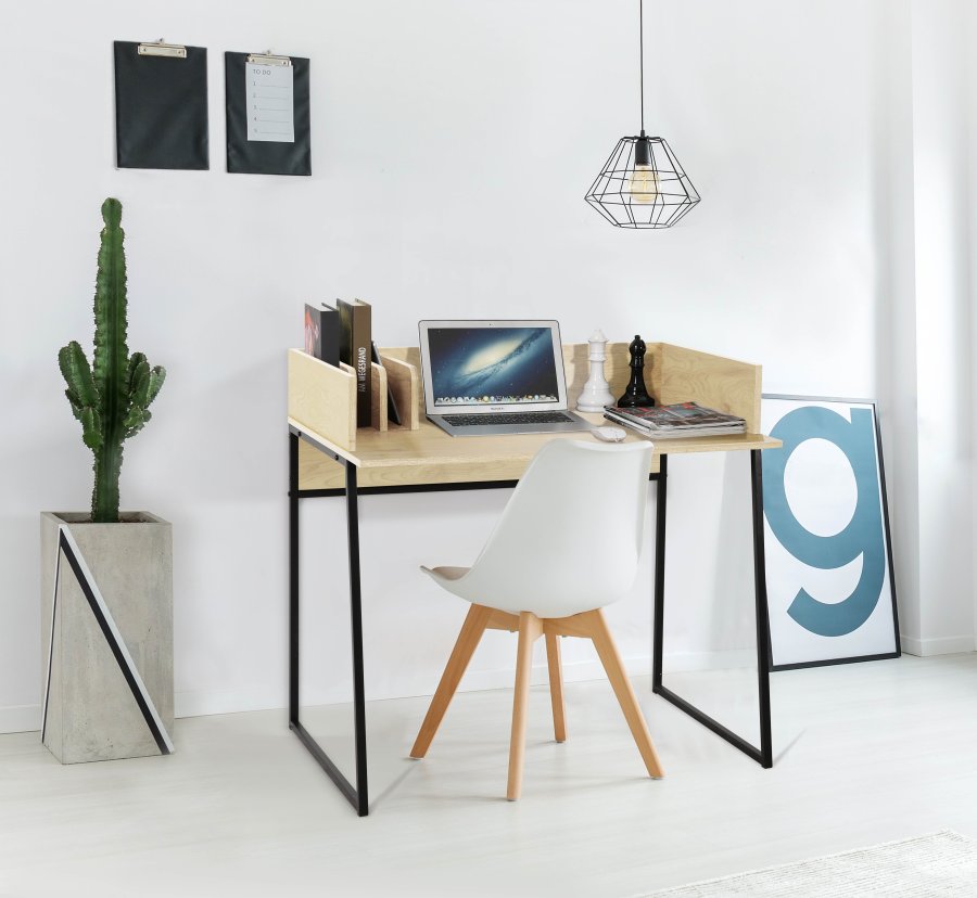 NORDLYS Benton skrivebord, med oppbevaring - beige tre og svart metall (90x48)