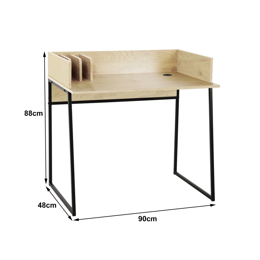 NORDLYS Benton skrivebord, med oppbevaring - beige tre og svart metall (90x48)
