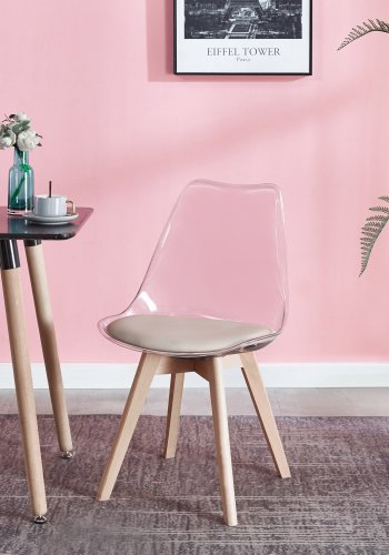 NORDLYS Carmen spisebordsstol - klar plast, beige kunstskinn og naturlig bk