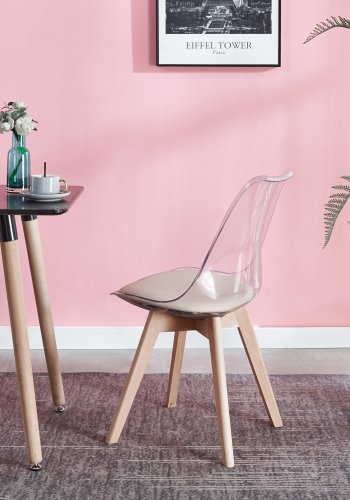 NORDLYS Carmen spisebordsstol - klar plast, beige kunstskinn og naturlig bk