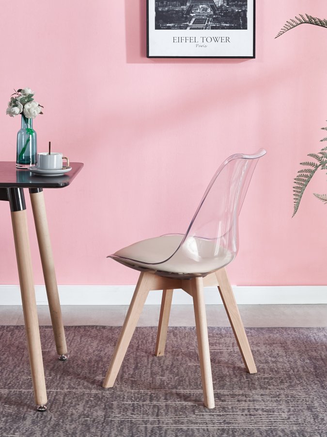 NORDLYS Carmen spisebordsstol - klar plast, beige kunstskinn og naturlig bk