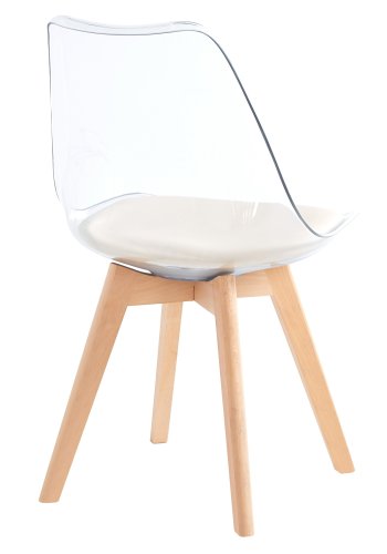 NORDLYS Carmen spisebordsstol - klar plast, beige kunstskinn og naturlig bk