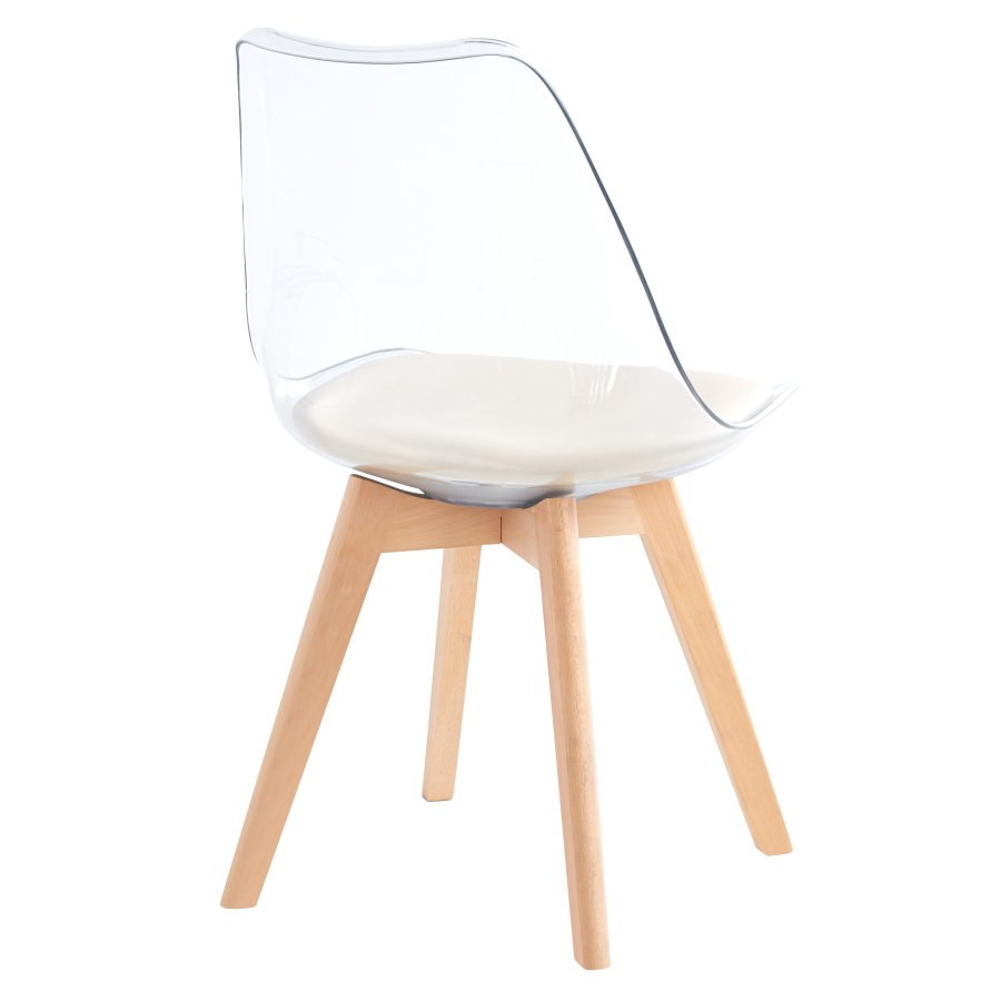 NORDLYS Carmen spisebordsstol - klar plast, beige kunstskinn og naturlig bk