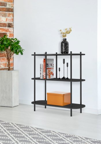 NORDLYS Etasolna bokhylle, m. 3 hyller - svart tre og svart metall (80x30)
