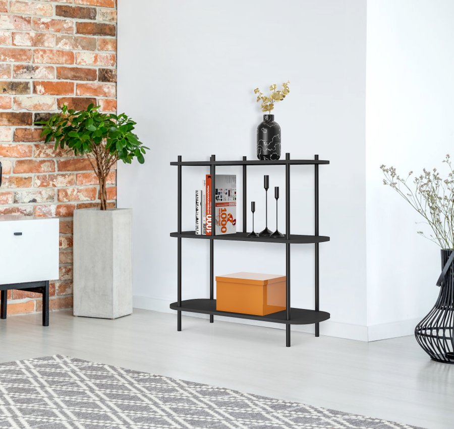 NORDLYS Etasolna bokhylle, m. 3 hyller - svart tre og svart metall (80x30)