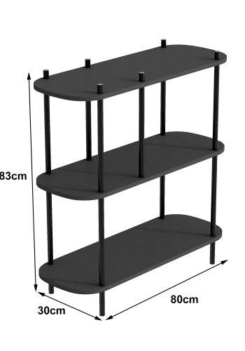 NORDLYS Etasolna bokhylle, m. 3 hyller - svart tre og svart metall (80x30)