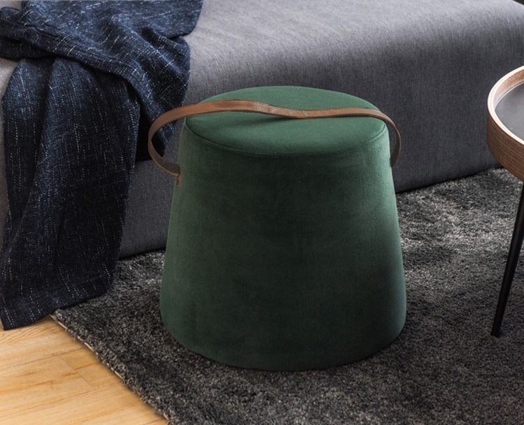 NORDLYS Fudi-puff, rund - brunt imitert skinn og grnn flyel (42)