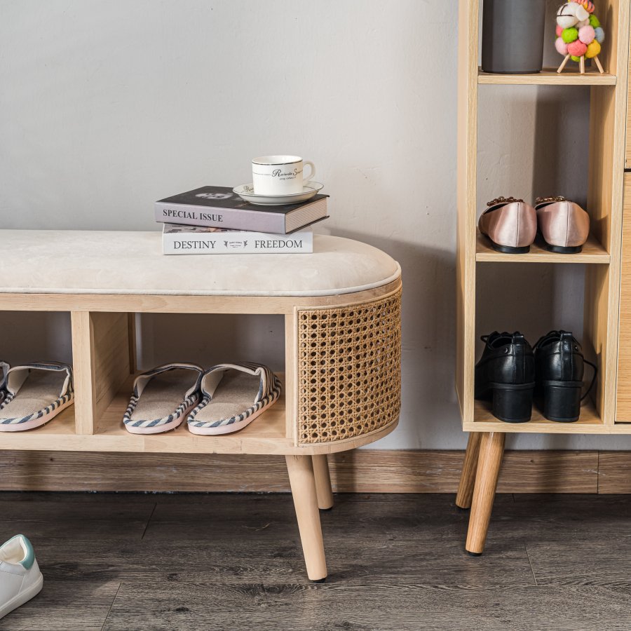 NORDLYS Isumi benk, m. hylle - naturrotting og tre (90x35)