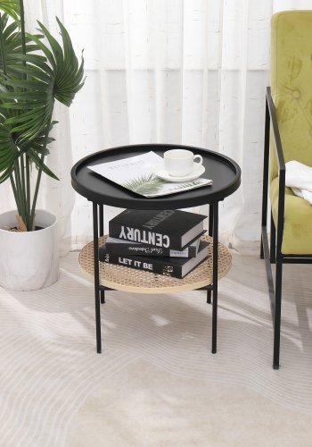 NORDLYS Kiryu sidebord, m. 1 hylle - svart metall og naturrotting (45)