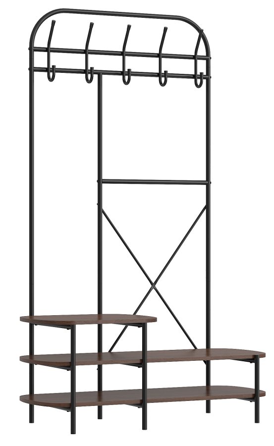 NORDLYS Lester garderobestativ, m. 5 kroker og 3 hyller - brunt tre og metall (H:165)