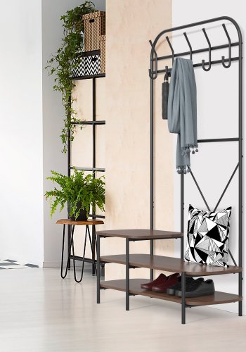 NORDLYS Lester garderobestativ, m. 5 kroker og 3 hyller - brunt tre og metall (H:165)