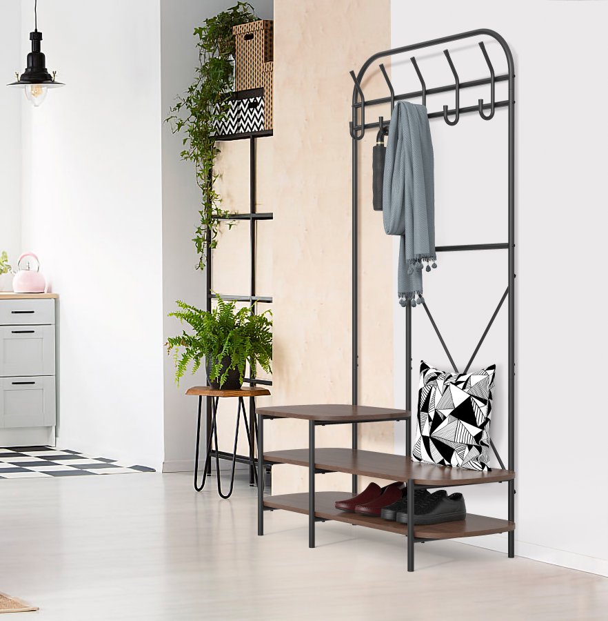 NORDLYS Lester garderobestativ, m. 5 kroker og 3 hyller - brunt tre og metall (H:165)