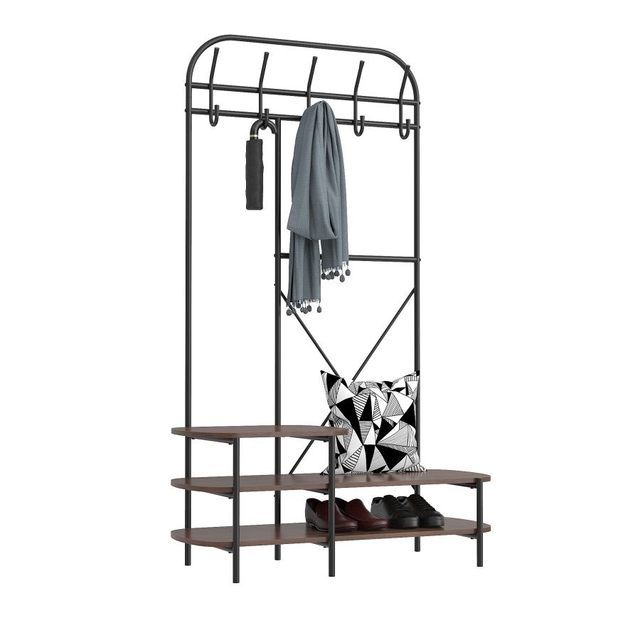NORDLYS Lester garderobestativ, m. 5 kroker og 3 hyller - brunt tre og metall (H:165)