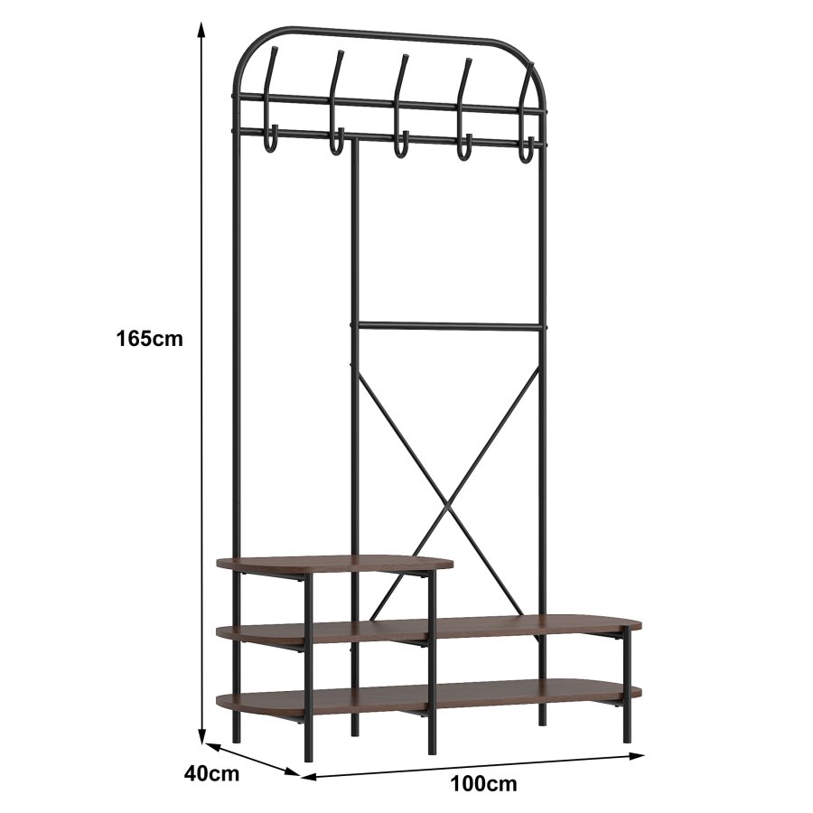 NORDLYS Lester garderobestativ, m. 5 kroker og 3 hyller - brunt tre og metall (H:165)