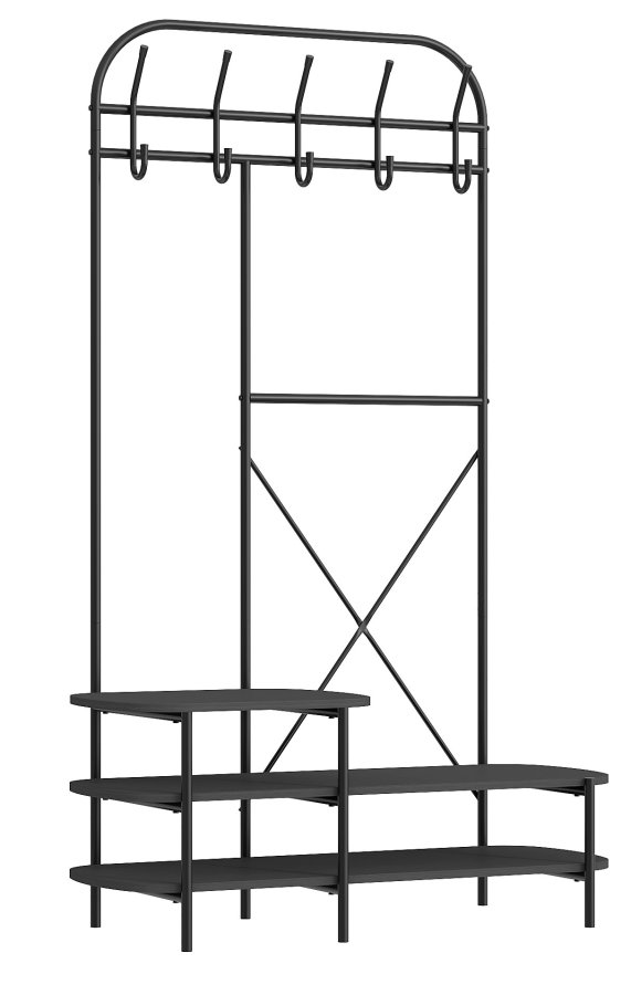 NORDLYS Lester garderobestativ, m. 5 kroker og 3 hyller - svart tre og metall (H:165)