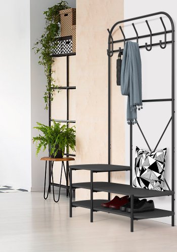NORDLYS Lester garderobestativ, m. 5 kroker og 3 hyller - svart tre og metall (H:165)
