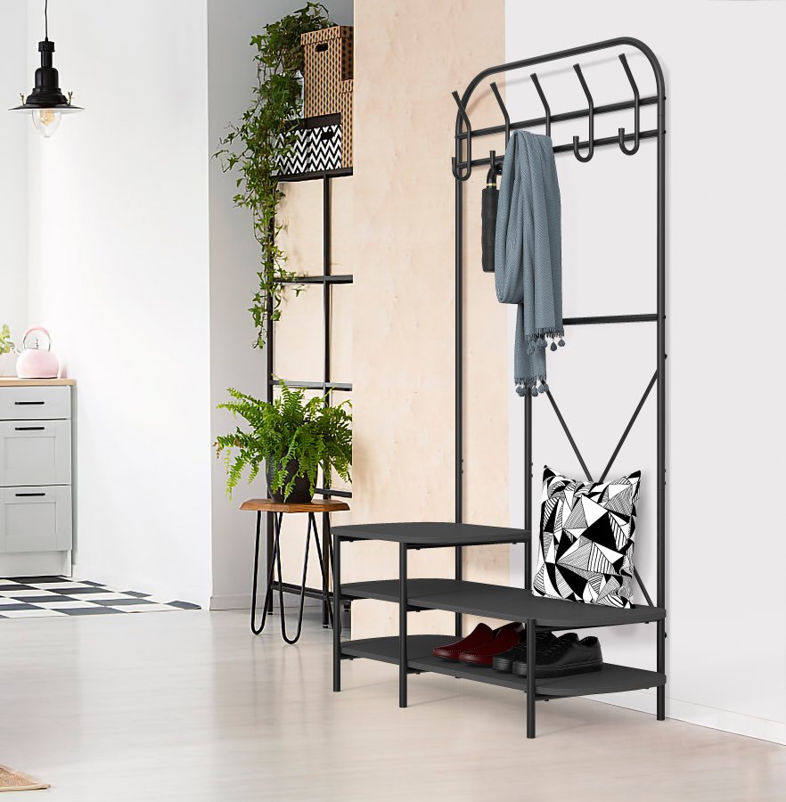 NORDLYS Lester garderobestativ, m. 5 kroker og 3 hyller - svart tre og metall (H:165)
