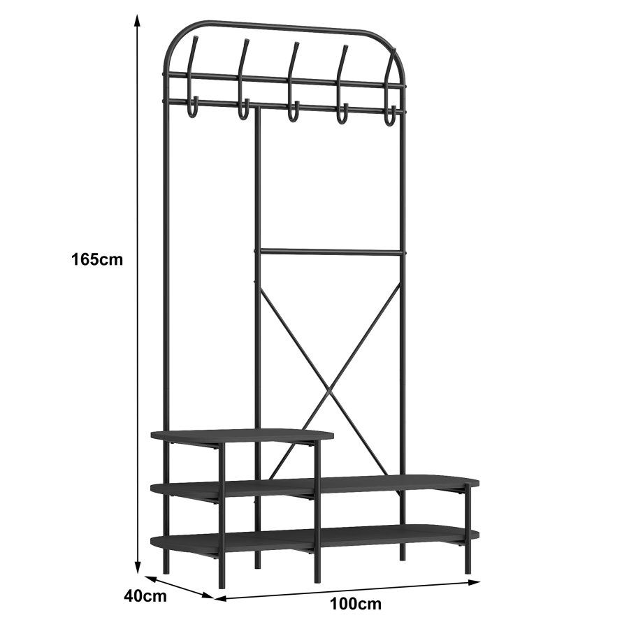 NORDLYS Lester garderobestativ, m. 5 kroker og 3 hyller - svart tre og metall (H:165)
