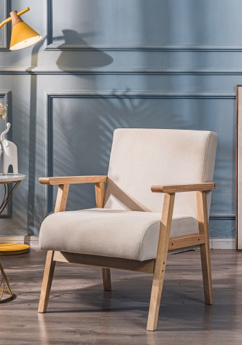 NORDLYS Louis loungestol, med armlener - beige flyel og naturlig bk