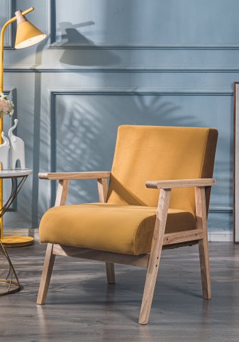 NORDLYS Louis lenestol, med armlener - gul flyel og naturlig bk