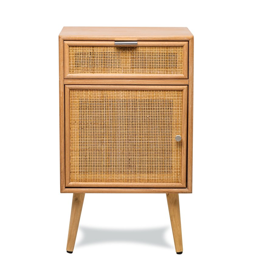 NORDLYS Nara Nachttisch, m. 1 Tür und 1 Schublade - braunes Rattan und Buche (42x36)