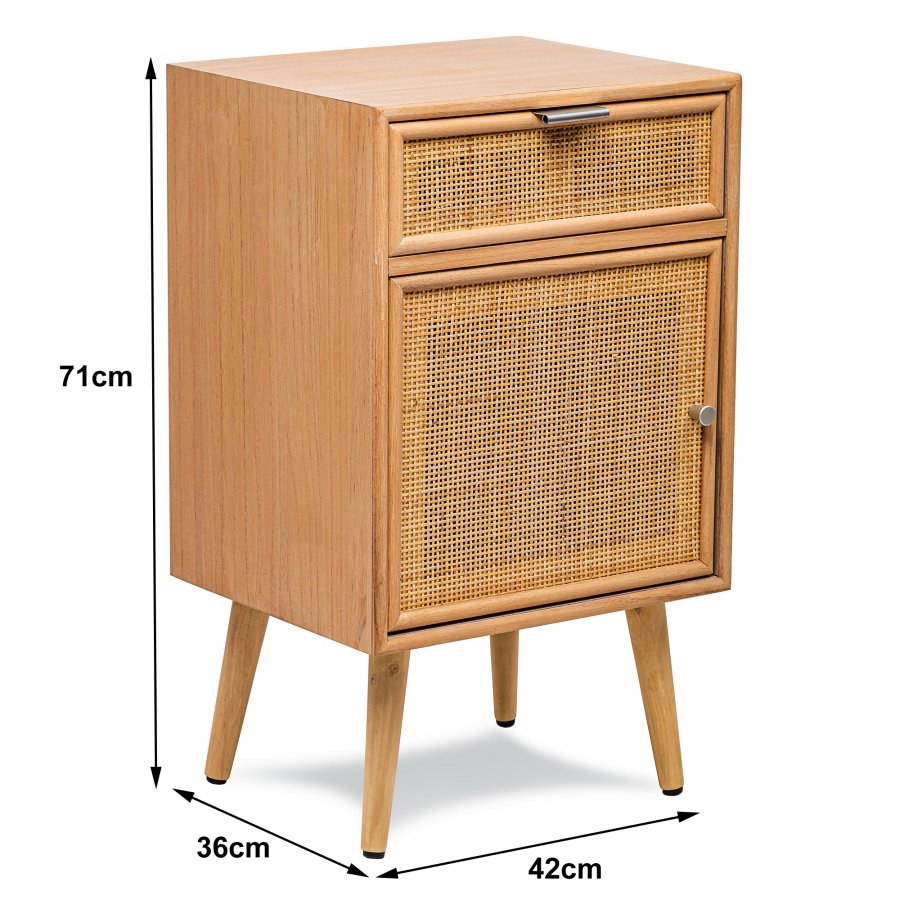 NORDLYS Nara Nachttisch, m. 1 Tür und 1 Schublade - braunes Rattan und Buche (42x36)