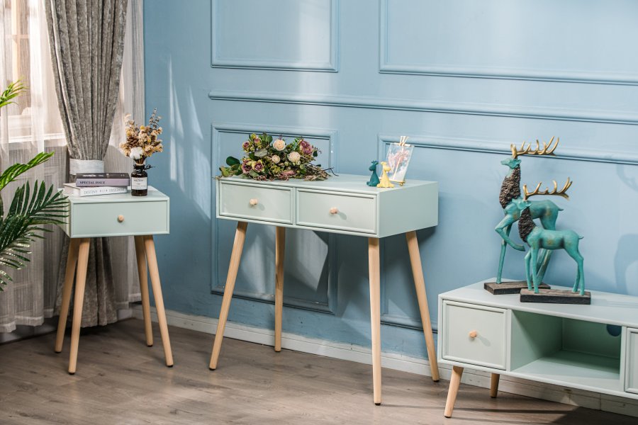 NORDLYS Nishio konsollbord, m. 2 skuffer - mintgrnt tre og naturlig bk (80x42)