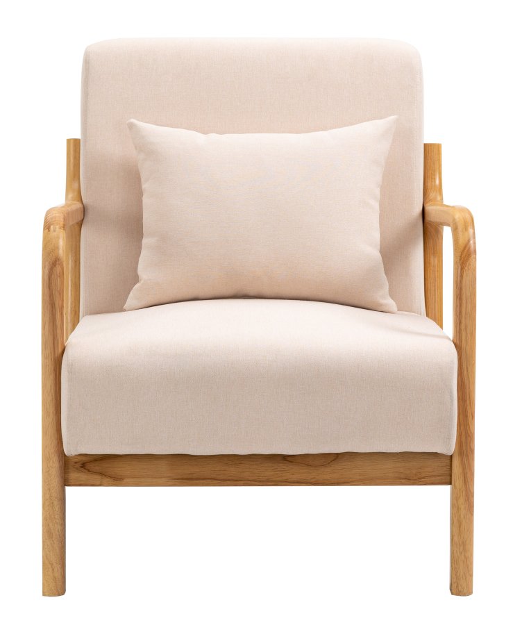 NORDLYS Ohama Loungesessel mit Armlehnen – beiger Stoff und natürliches Kautschukholz