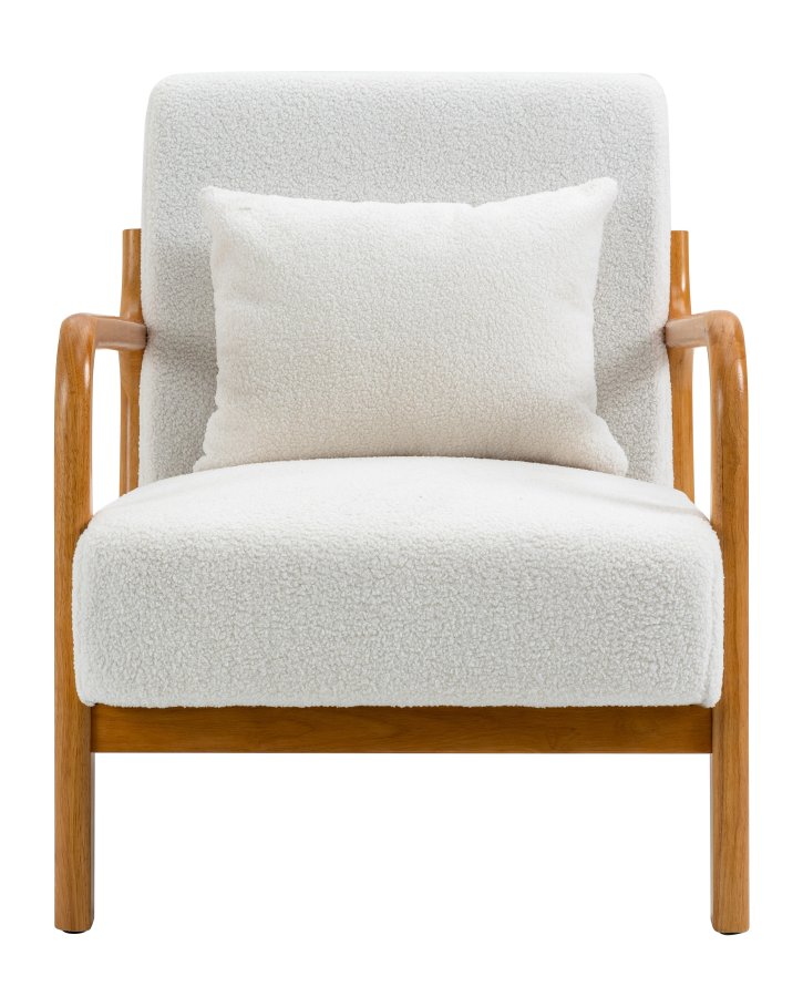 NORDLYS Ohama Loungesessel mit Armlehnen – weißer Stoff und natürliches Kautschukholz