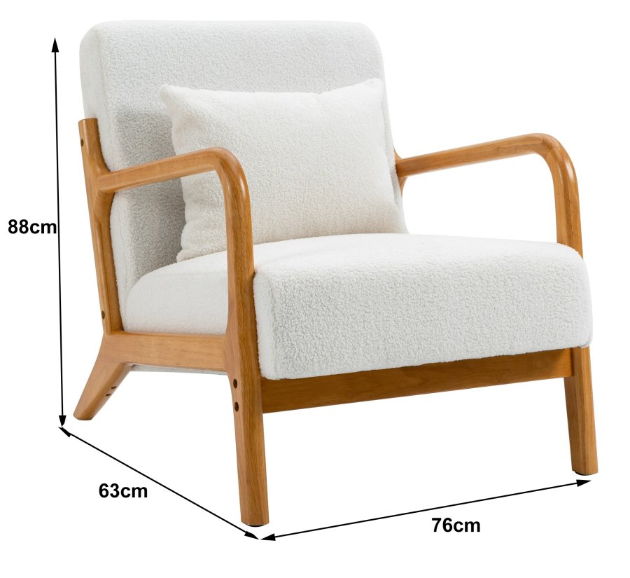NORDLYS Ohama Loungesessel mit Armlehnen – weißer Stoff und natürliches Kautschukholz