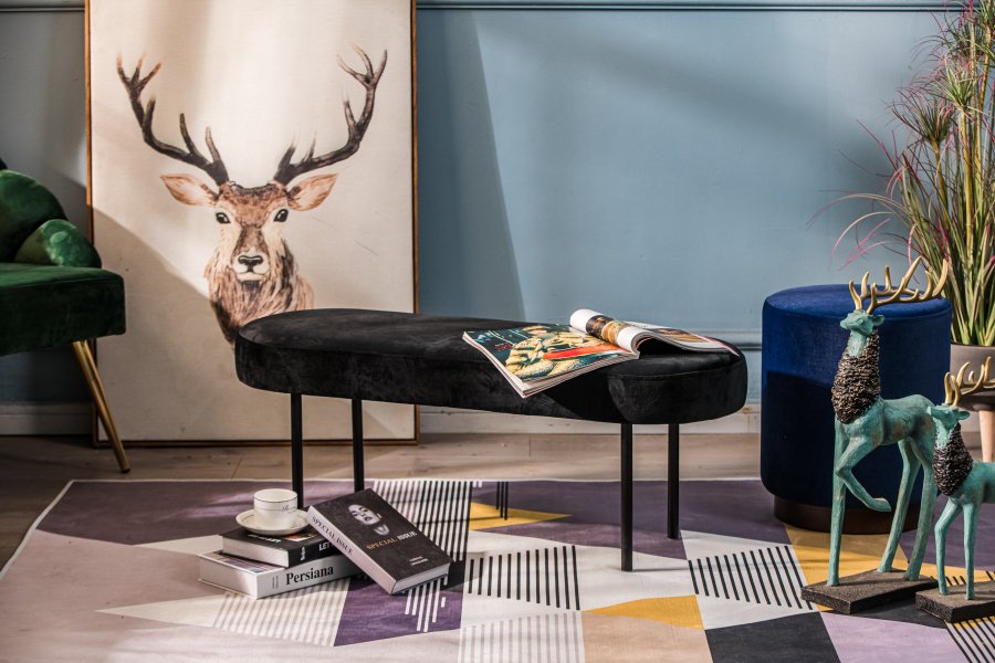 NORDLYS Oslo benk, oval - svart flyel og svart metall (95x35)