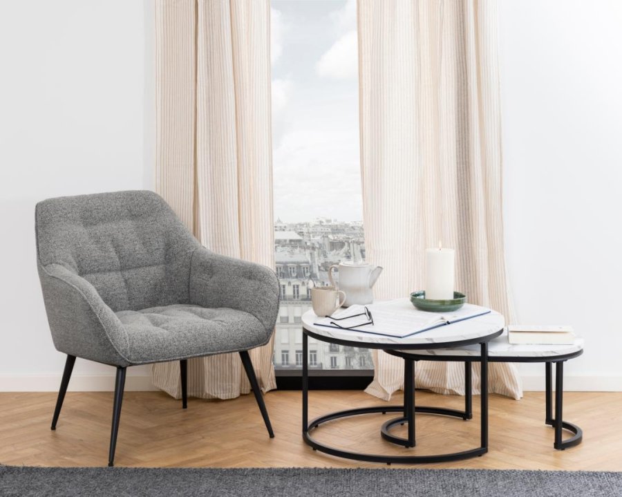 ACT NORDIC Spiro Couchtisch, oval/rund – weißes Melamin mit Marmormuster und schwarzer Stahl (2er-Set) 