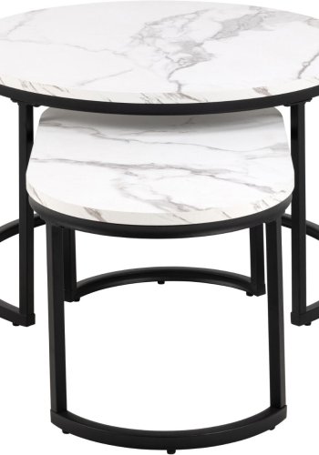 ACT NORDIC Spiro Couchtisch, oval/rund – weißes Melamin mit Marmormuster und schwarzer Stahl (2er-Set) 