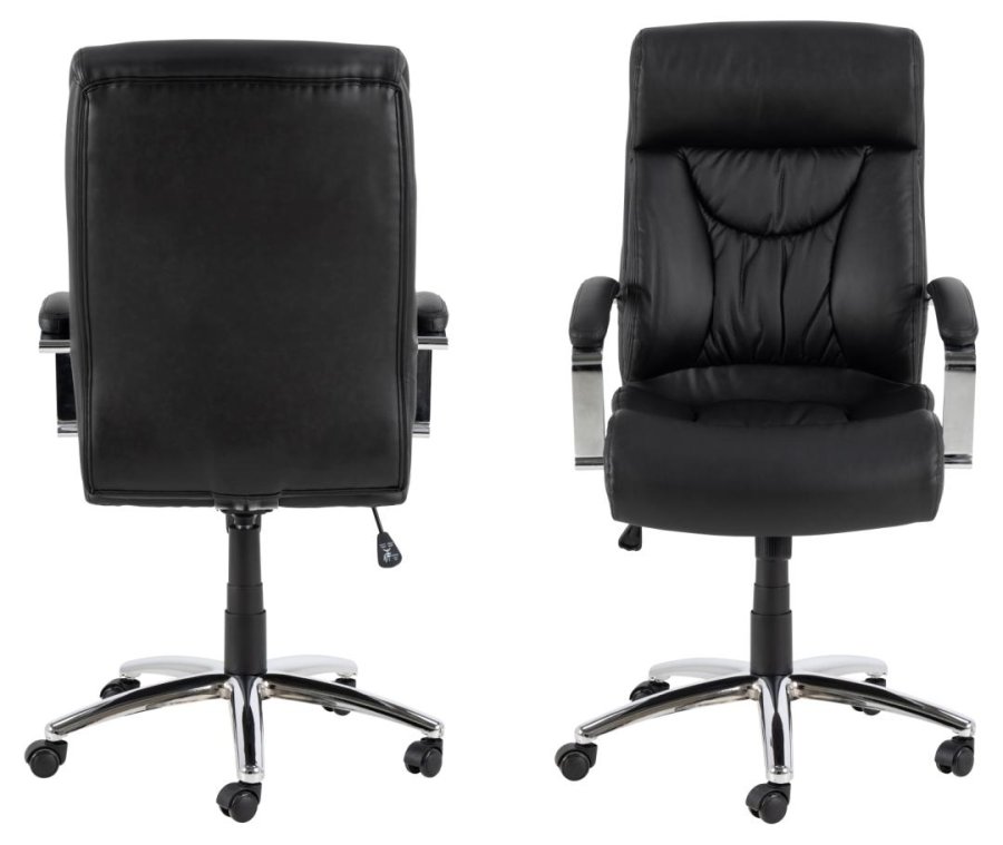 ACT NORDIC Benson Schreibtischstuhl, mit Armlehnen, Rollen, Dreh- und Kippfunktion – schwarzes PU und Chromstahl