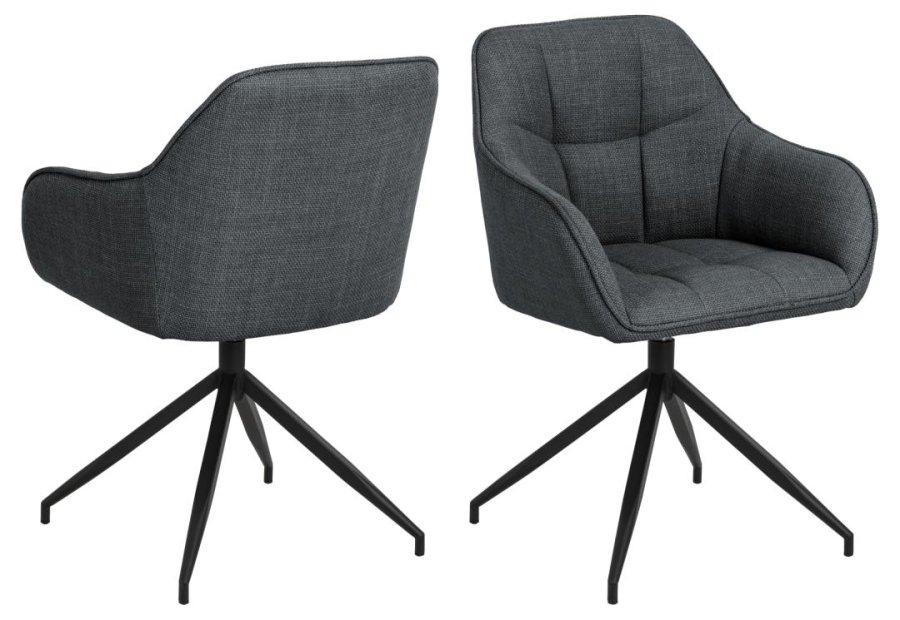 ACT NORDIC Brenda Esszimmerstuhl, mit Armlehnen und Drehfunktion - dunkelgrauer Stoff und schwarzes Metall