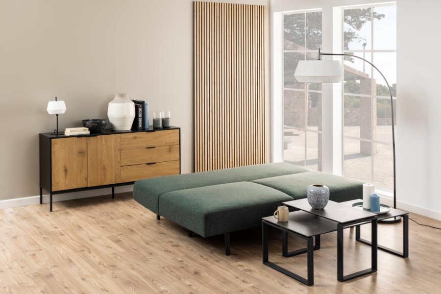 ACT NORDIC Malling bddsoffa, med utdragbar sng och 2 kuddar - grnt tyg och svart stl