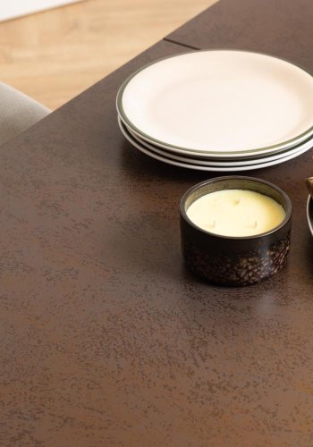 ACT NORDIC Irwine Esstisch, mit 1 Einlegeplatte – rostbraune Keramik/Glas und schwarzer Stahl (168/210x90)