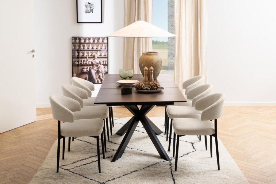 ACT NORDIC Irwine Esstisch, mit 1 Einlegeplatte – rostbraune Keramik/Glas und schwarzer Stahl (168/210x90)