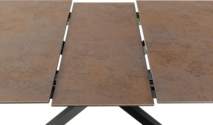 ACT NORDIC Irwine Esstisch, mit 1 Einlegeplatte – rostbraune Keramik/Glas und schwarzer Stahl (168/210x90)