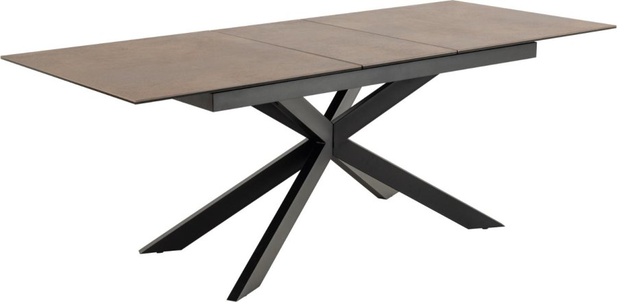 ACT NORDIC Irwine Esstisch, mit 1 Einlegeplatte – rostbraune Keramik/Glas und schwarzer Stahl (168/210x90)