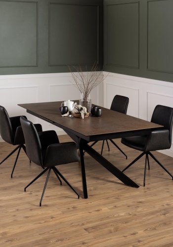 ACT NORDIC Irwine Esstisch, mit 1 Einlegeplatte - rostbraune Keramik/Glas und schwarzer Stahl (200/240x100)