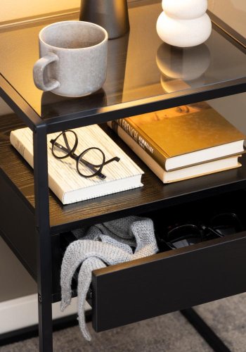 ACT NORDIC Randolf natbord, m. 1 hylde og 1 skuffe - rg glas, sort ask melamin, sort stl (40x35)