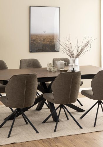 ACT NORDIC Heaven Esstisch, mit 1 Einlegeplatte - rostbraune Keramik/Glas und schwarzer Stahl (200/240x100)