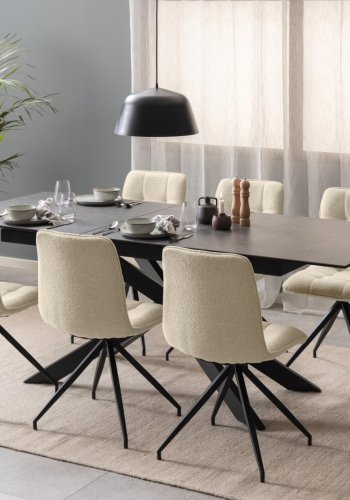 ACT NORDIC Irwine Esstisch, mit 1 Einlegeplatte - schwarze Keramik | Glas und schwarzer Stahl (168/210x90)