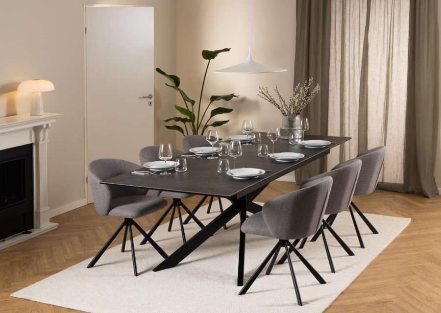 ACT NORDIC Irwine Esstisch, mit 1 Einlegeplatte - schwarze Keramik/Glas und schwarzer Stahl (200/240x100)